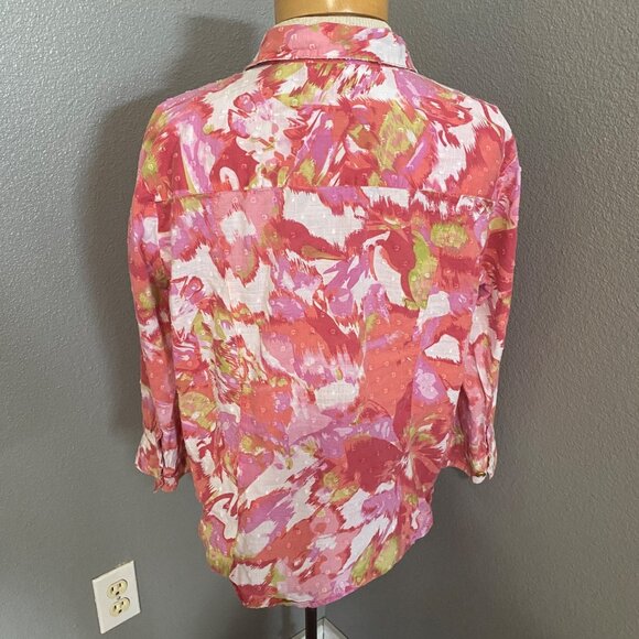 JM Collection Blouse 14P Button-Down Abstract Pink White Green Petite 3/4 Sleeve - Picture 7 of 9